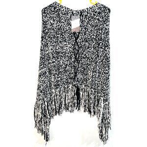 Simply Noelle Black & White Fringed Poncho With Lace-Up Front One Size